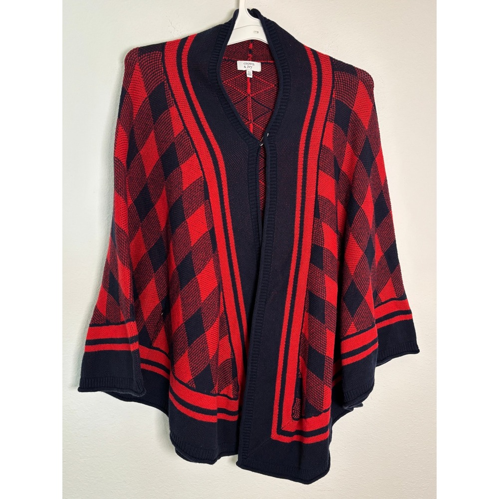 Crown & Ivy Womens Red Navy Buffalo Plaid Open Front Poncho Sweater One Size